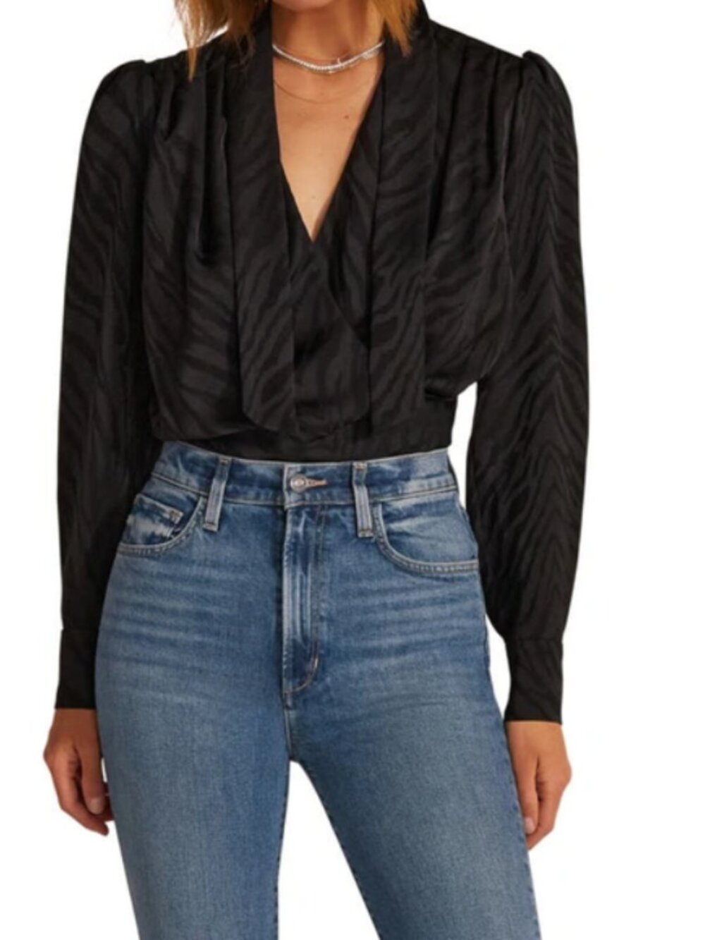 Favorite Daughter The Joan Zebra Jacquard Blouse in Black Zebra Jacqua